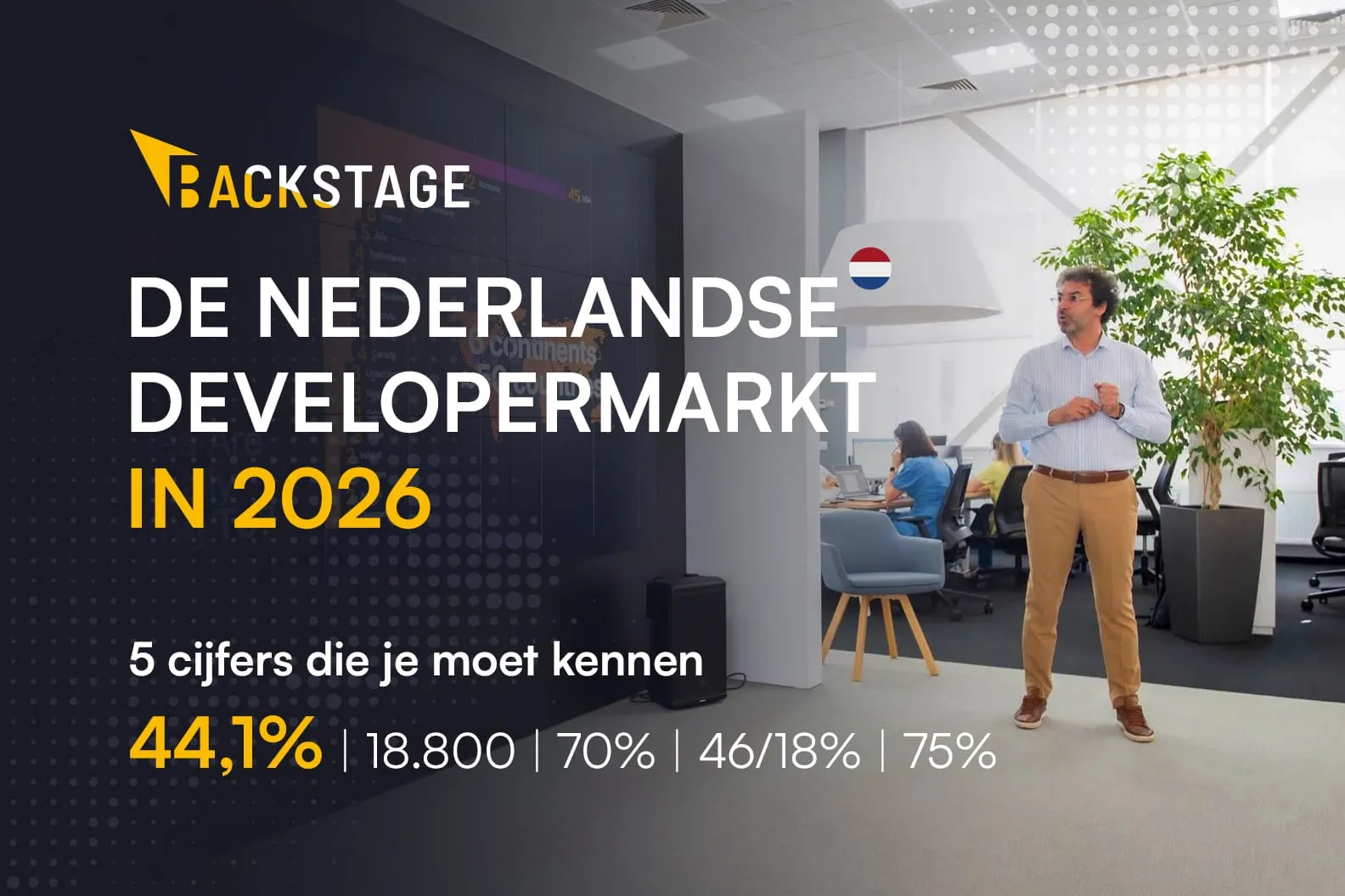 Donker kantoorbeeld: een spreker staat voor een verlicht scherm en richt zich tot een zittende groep. Linksboven staat het Backstage-logo, naast de titel staat een ronde Nederlandse vlag. Over het beeld staat de titel 'DE NEDERLANDSE DEVELOPERMARKT IN 2026', de regel '5 cijfers die je moet kennen' en de reeks 44,1%, 18.800, 70%, 46/18% en 75%.