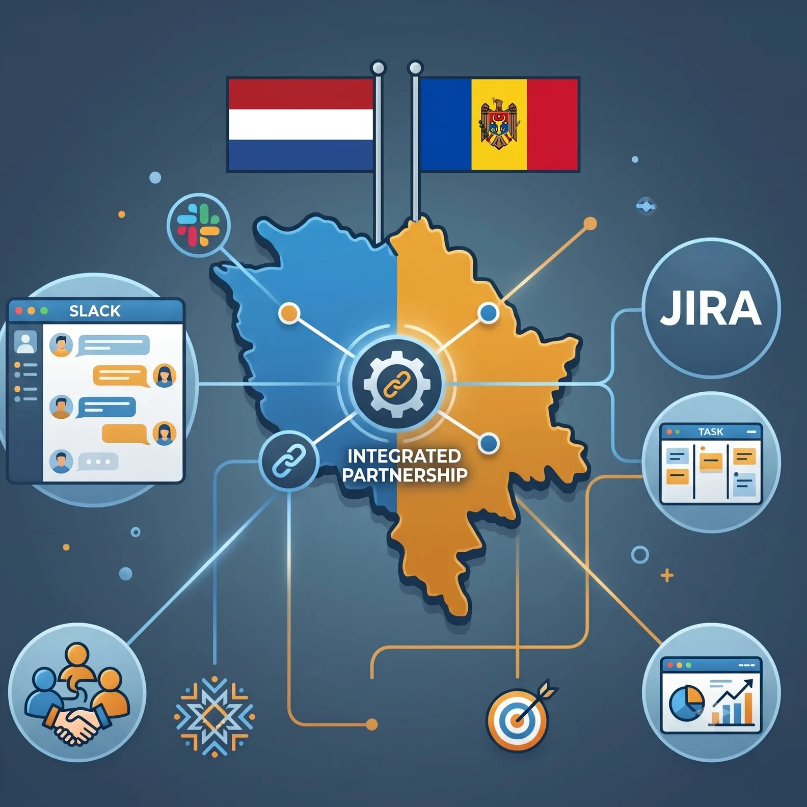 An illustration connecting the Dutch and Moldovan flags to a map of Moldova and collaboration tool icons such as Slack and Jira.