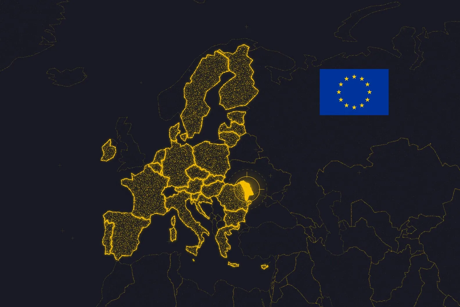 Map of Europe in golden particles on a dark background. The 27 EU member states are densely filled and bright, the remaining countries appear as a dimmed outline. Moldova is the only country shown at full brightness, with a glow, a circle, and a crosshair over it, just outside the lit EU area. The flag of the European Union sits on the right, in the upper half.