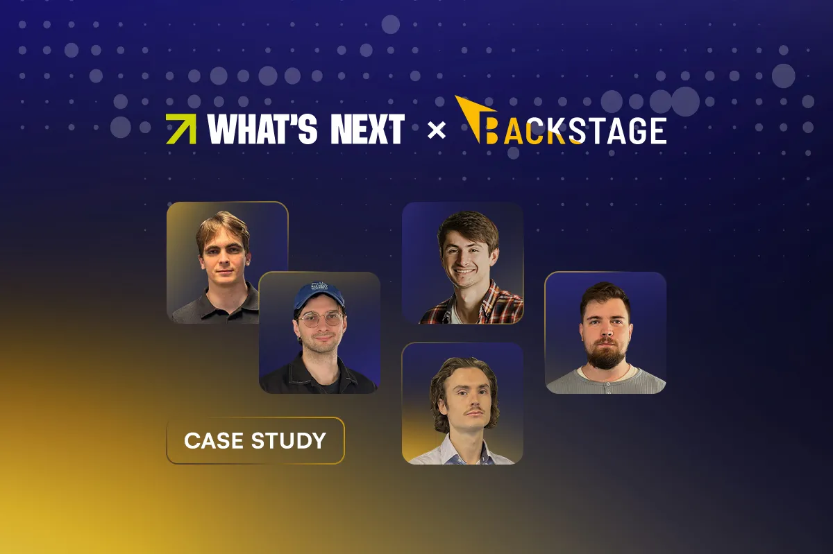 Case study-cover met de logo's van What's Next en Backstage IT boven portretten van de vijf teamleden in Moldavië.